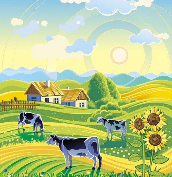 Sunny Rural Farm Vector Landscape - WeLoveSoLo