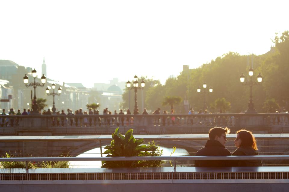 young urban sunglasses romantic romance people love guy girl couple city Bridge 