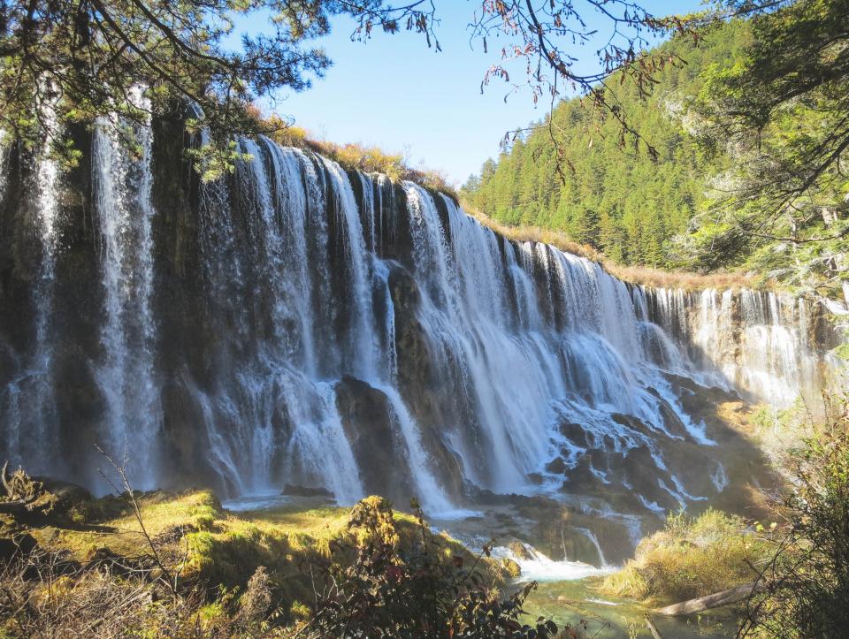 waterfalls trees rocks river NuoerliangWaterfall nature Jiuzhaigou green grass china 
