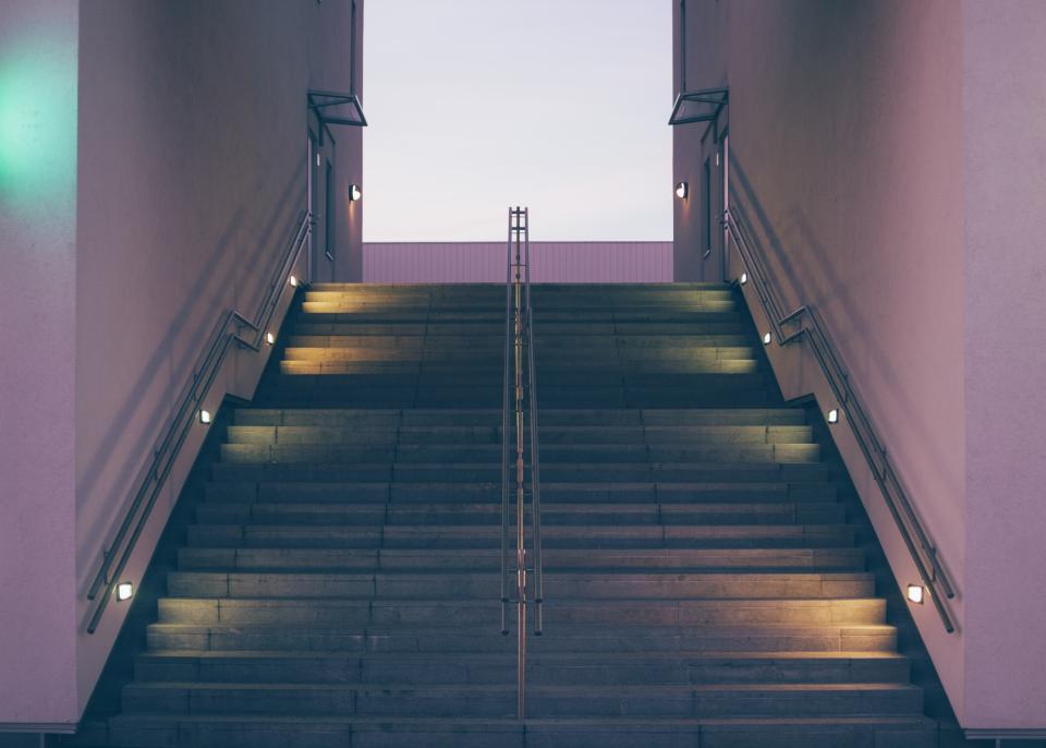 symmetry steps stairs rails lights dusk dark 