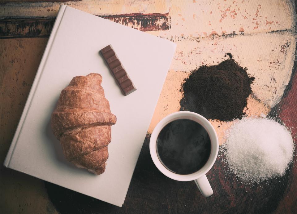 sugar snack mug food cup croissant coffee chocolate breakfast book 