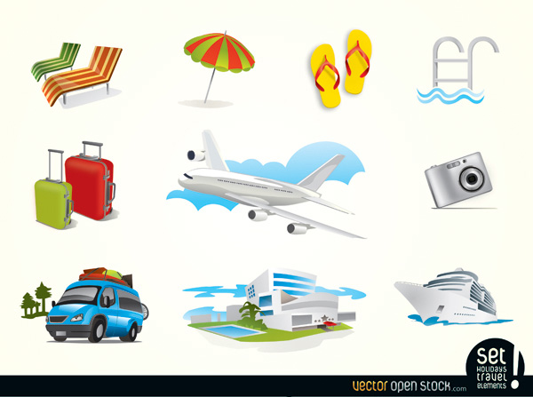 vector vacation umbrella travel icons travel elements sandals jet plane free download free cruise ship chairs camera icons beach airport 