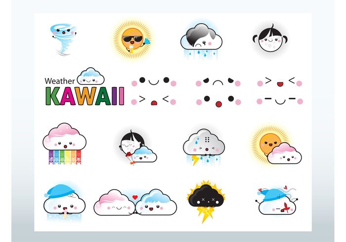 weather Twister tornado thunder sunny rain lightning hurricane expressions cute cloudy clouds characters Cartoons animated 