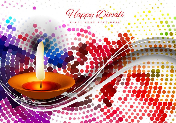wave pattern oil lit lamp halftone glowing dot Diwali colorful clay circle celebration card background 