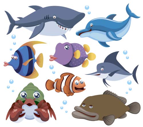 Funny marine animal cartoon vectors set 05 